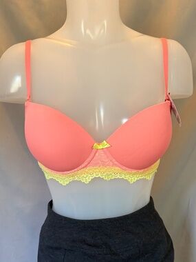 Lumar by Leonisa Push-up Bra in Coral with Neon Yellow Lace - Size 36B (NWT)